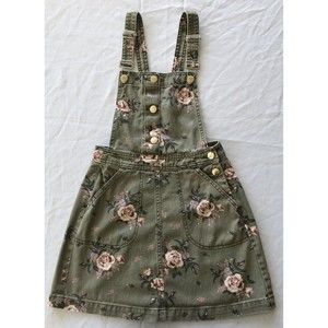 Divided H&M Overall Denim Skirt Green Flowers Womens 4 Jean Jumper Button Front